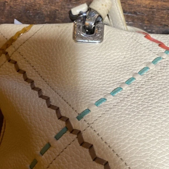 Brighton Purse Beige Leather Tote Double Strap Colorful Stitching - Picture 4 of 7
